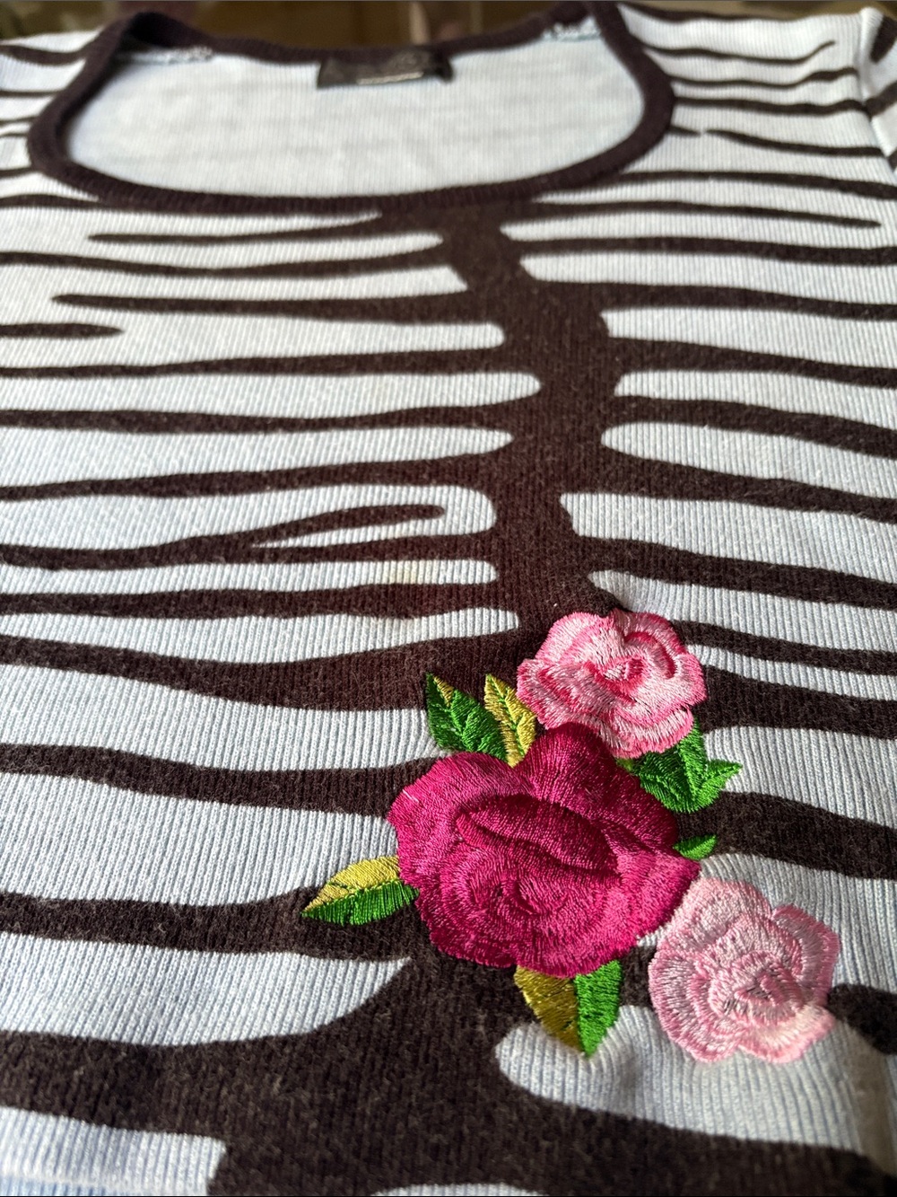 Tryst Cotton Knit Cropped Top with Pink Rose Embroidery, S/M